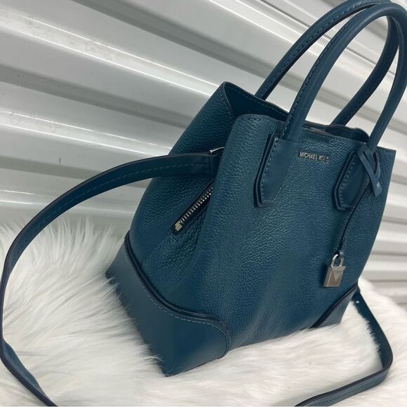 MICHAEL KORS Teal Mercer Leather Satchel Crossbody Handbag Selma Raven - Picture 5 of 13
